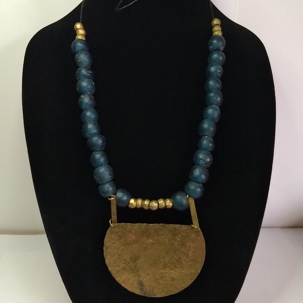 Gold Tone Hammered Pendant Blue Glass Bead Statement Necklace Textured Statement
